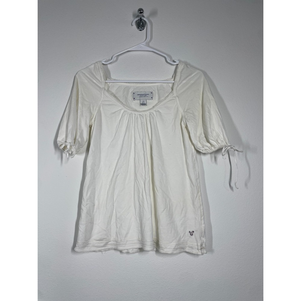 American Eagle Y2K Top Women's Size S Short Sleeve Logo Puff Sleeve White